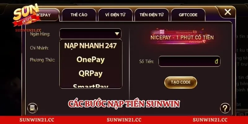 Các bước nạp tiền Sunwin
