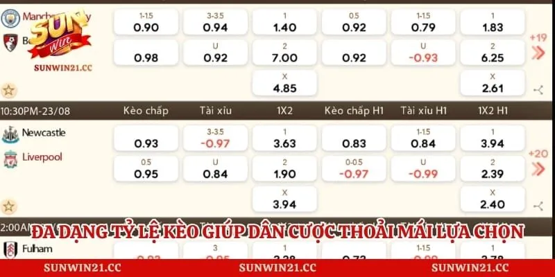 Đa dạng tỷ lệ kèo giúp dân cược thoải mái lựa chọn